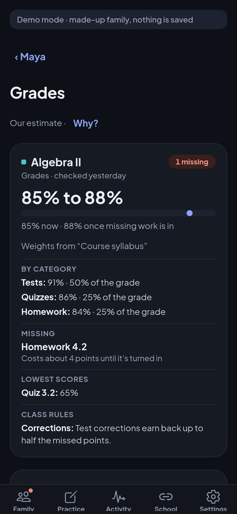 The app's Grades page in dark mode, for a sample child: class grades, missing work and how each class is weighted.