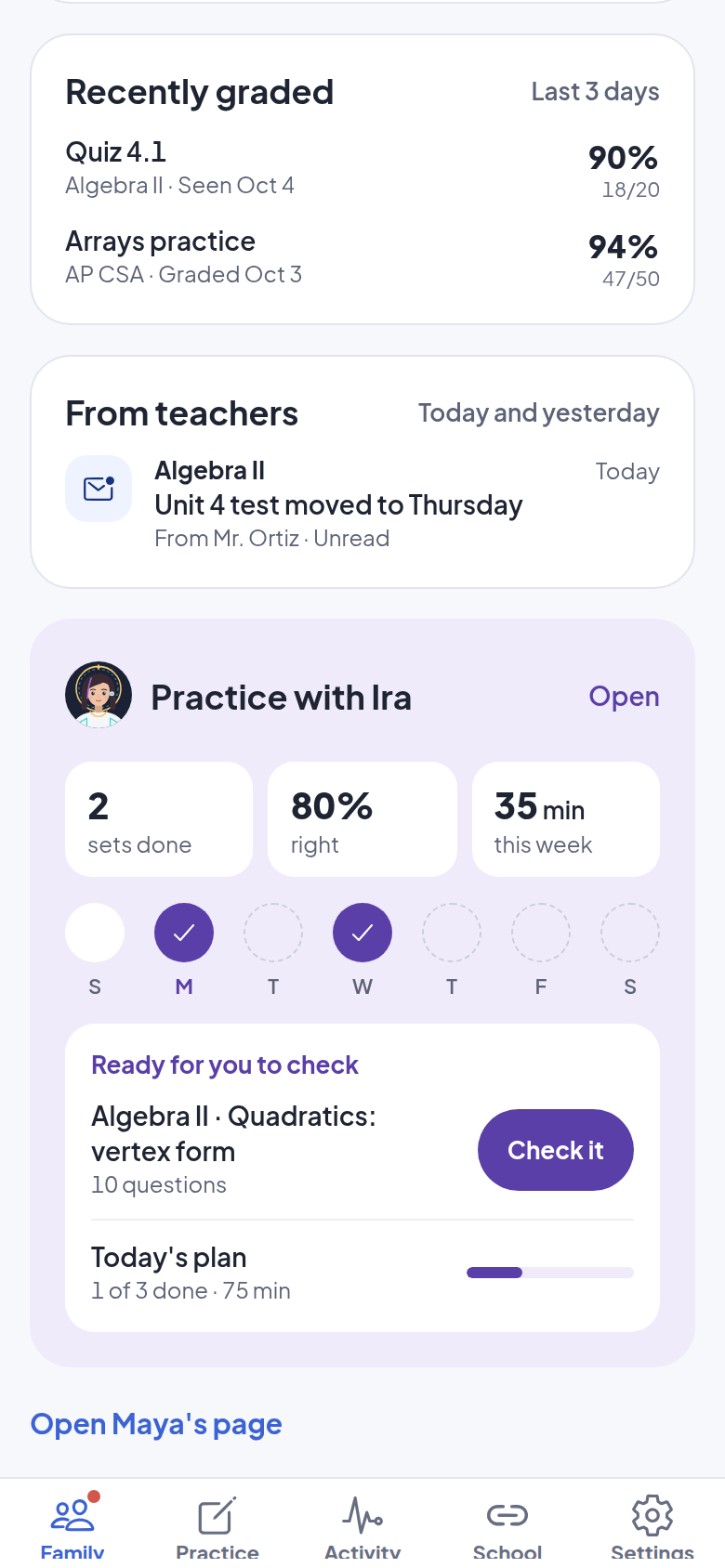 The app's Practice with Ira card for a sample child: sets done, percent right, minutes this week and a set ready to check.